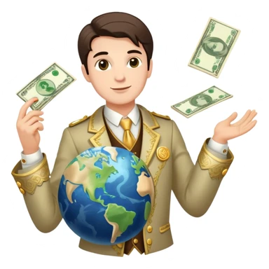 rich person holding the earth in one hand, dressed in fancy clothes with money flying around sticker