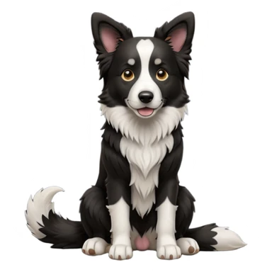 cinematic-[border collie dog]-realistic-full-body-sitting-emoji,-tail-resting-loosely-beside-its-paws,-head-tilted-dramatically,-scruffy-[black and white]-fur,-simplified-yet-realistic-focused-features,-highly-detailed,-glowing-with-an-almost-sarcastic-glow sticker