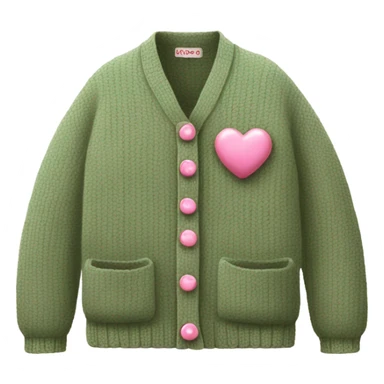 Sage oversize wool open short cardigan with pink heart shaped buttons, isolated sticker