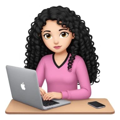 a girl typing mac book with long black curly hair and brown eyes with black eyeliner, pink shirt sticker