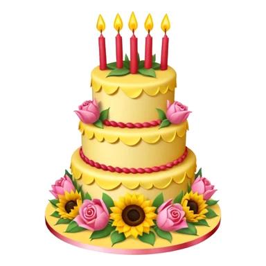 A large three teir cake with first mayer decorated with roses, second with Sunflowers and third with Tulips and Happy Birthday Dear written on top. sticker