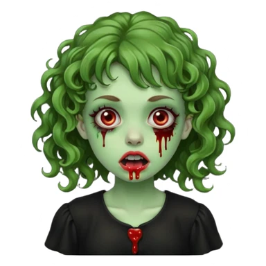 Green zombie emoji girl with curly Brown hair, with curly bangs, wearing a black bluse, blood Just in the tongue sticker