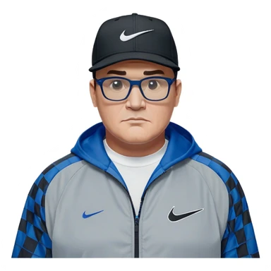 50-year-old heavyset man with very wide face and prominent square jawline wearing a black Nike baseball cap with visible Nike swoosh logo. Large dark square glasses. Serious-relaxed expression. Light gray jacket that fits his larger frame, white shirt with blue checkered pattern. sticker