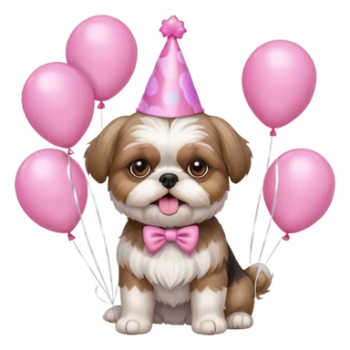 cute shih tzu hold a few cute pink balloons  with pink birthday hat sticker
