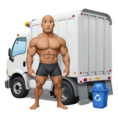 Dwayne the rock Johnson in speedo in front of trash truck sticker