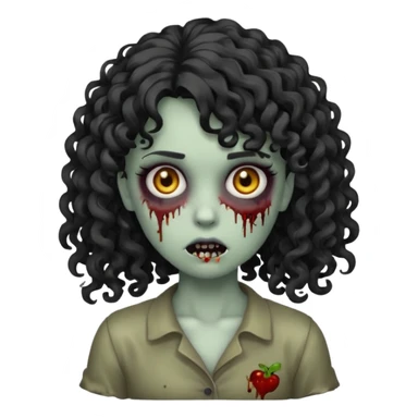 Emoji garota zombie sem ferimentos no rosto com cabelo preto cacheado longo com franja cacheada sem volume sticker