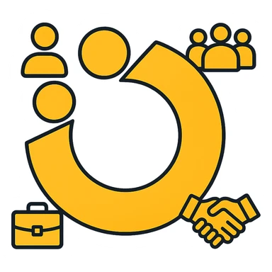 Create a minimalistic and abstract logo design with a dominant orange-yellow color palette. Place the Volio logo from the reference image at the center as the main visual element. Integrate modern, symbolic icons representing CXO, such as a person, a group of people, a handshake, or a briefcase, in a clean and balanced layout. The design should be futuristic, tech-style, and high contrast against a white background. Keep the overall composition simple, professional, and visually striking. sticker