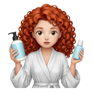 Cartoon emoji of a girl with voluminous curly red hair, fair skin, brown eyes. Wearing a chic milky silk robe with long sleeves, no makeup. Portrait mode, holding 2 moisterizers or different skin care products, looking super doubtful twisted and unsure. she is miserab;e sticker