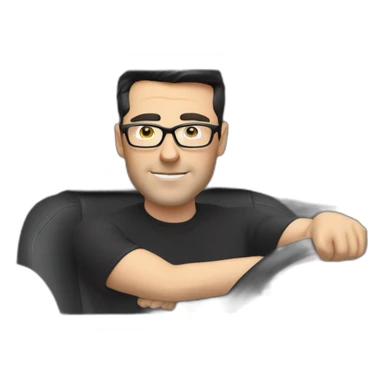 middle-age-lean-white-man-with-black-hair-&-glasses-wearing-tesla-t-shirt-inside-left-drive-black-tesla-model-3, at the wheel, front view sticker