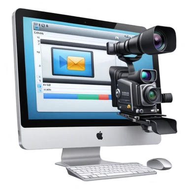 Create an emoji of video editing. Should feature a video editing timeline or interface on a computer screen, showing clips and a playhead. Include a video camera and editing tools. No smiley faces. Make the background transparent. sticker