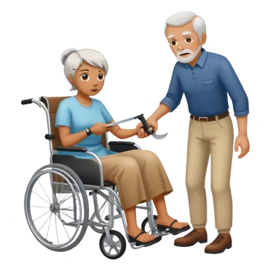 Woman with a knife in one hand, pushing with the other a wheelchair with an old man sticker