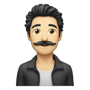 caucasian male, black scraggy hair, mostache sticker