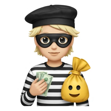 Realistic ios emoji-style portrait of a classic burglar, a black eye mask and a black-and-white striped shirt. emoji-like hair, black hat, a bag of money 💰 with a dollar sign in a right corner  sticker