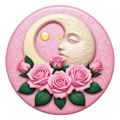 A round pink button with a light cream full damask moon and pink roses in the center sticker