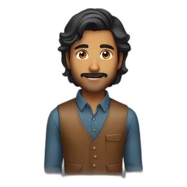 Indian man in his 20s with a light beard thicker near the chin and stylish hair which is long on one side covering the top of the ear sticker