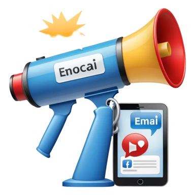 An icon featuring a megaphone, a press release, and a social media icon, symbolizing advertising and public relations. The design includes a billboard and communication network lines, representing brand promotion and media outreach. Transparent background highlights the power of communication. sticker