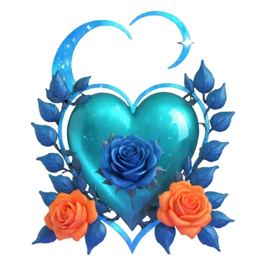 gothic heart made of dark teal glass, silver crescent moon, midnight blue roses, holographic stardust, neon lightning, drenched look, splintered glass texture sticker