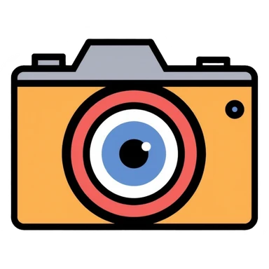 flat abstract camera with eye in lens, simple logo design sticker