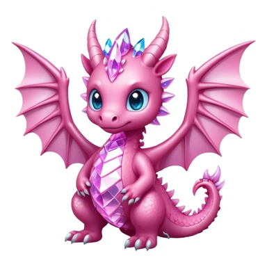 cute pink crystal dragon, body made of shiny diamond and crystal shards, glowing pastel pink light inside, big wings, sparkling eyes, kawaii epic fantasy style, bold outline, high contrast, transparent background, twitch badge sticker