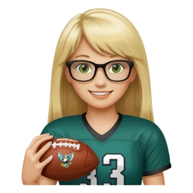 long blonde hair with bangs small black rectangle glasses female green eyes football player wearing eagles jersey number 33 holding football sticker