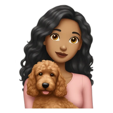 Girl with long black hair and light skin holding red goldendoodle sticker