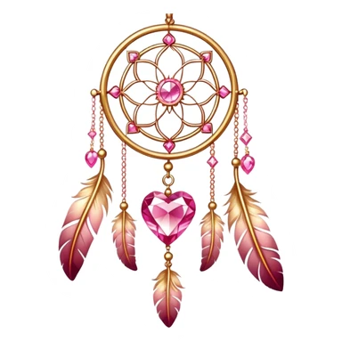 Reddish-pinkish and golden warm-colored romantic lush beautiful pretty hanging crystal-catcher aesthetic with hearts and sparkles and feathers sticker