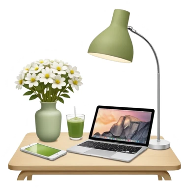 realistic macbook computer, fashion/interior magazines, flowers in a little vase, louis poulsen portable lamp with a dimmed cozy light and a iced matcha. very scandinavian aesthetic sticker