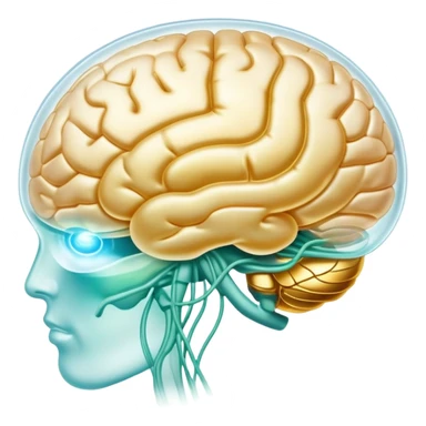 Pearlescent capsule floating between a translucent glowing brain and a translucent liver. Golden waves of connection emanate from the brain, representing improved memory, clarity and neural communication. The entire scene has an ethereal glow showing the beneficial properties of choline. sticker