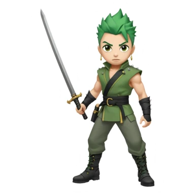 Muscular scarred warrior, short spiky moss-green hair, sharp steel-grey eyes, strong jaw, serious stare. Black trousers, boots, green sash with three katanas, open white coat, three gold earrings. Cinematic, ultra-realistic. sticker