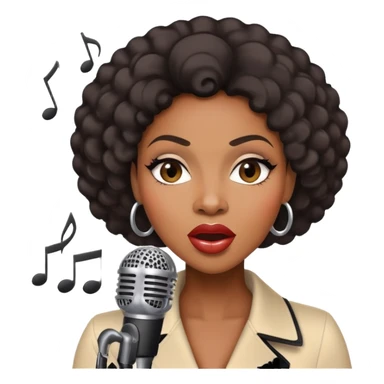 Black female jazz singer with a microphone, expressive face, musical notes sticker