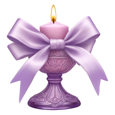A soft pink candle in an ornate lavender glass holder, tied with a delicate satin bow. sticker