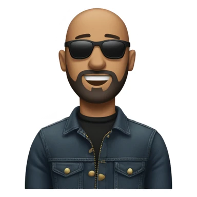A bald man with sunglasses and a black turtleneck and jeans . light medium beard saying jackpot sticker