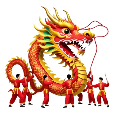 Cinematic Realistic scene of a traditional Chinese Dragon Dance featuring a team of performers skillfully manipulating a colossal, flexible dragon puppet, its intricately detailed, vibrant scales and flowing, embroidered fabric catching the light, set against a festive backdrop of red lanterns and dynamic red-tinged lighting that accentuates the majestic presence of the dragon puppet. sticker