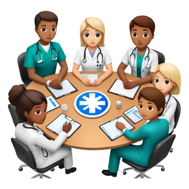 Group of medical professionals sitting around a table in a meeting, with emergency medical symbols sticker