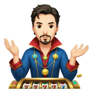 disheveled Doctor Strange losing money at a slot machine, panicked face, coins flying sticker