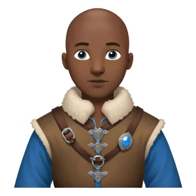 bald, medieval outfit worn by a DnD themed fantasy character. basic rough-spun tunic with a fur-lined collar and a leather strap across the chest. clothes only above the waist. The clothes full waist. The character's haven't arms. character is bald, blue eyes, blacked-skinned man. sticker