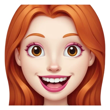 Young girl with pale skin, longer face, full pink lips smiling with big teeth, very long ginger red hair, big brown eyes, bigger nose, big mouth sticker