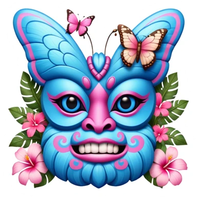 Pixar style little Blue and pink tiki singing with a butterfly and tropical flowers, ultra detailed and lifelike imagery, realistic sticker