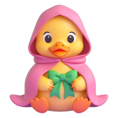 cute duckling wearing a pink hooded cape with a green bow, sitting in a gentle hand, surrounded by soft hearts, soft pastel colors, rounded shapes, subtle 3D shading, modern friendly look, iOS style sticker