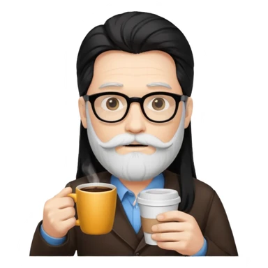 men with white bearded long black hair  with opticals  on holding coffee cup sticker