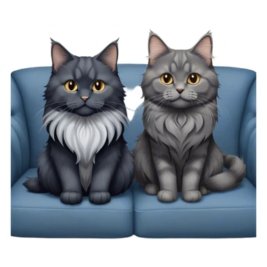 Portrait of a black smoke Maine Coon cat with long grey ear tufts, alongside a British Shorthair cat with a solid blue coat on sofa. Both cats with detailed fur textures and playful expressions. Soft, elegant background of room with warm, natural tones. Transparent background. sticker