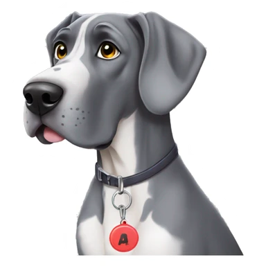 Grey Great Dane with name tag that says “piper” sticker