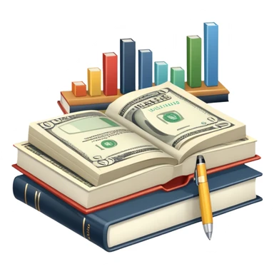 Icon for Business Reading: an open book with graphs, numbers, percentages, formulas, and text on the pages, next to a stack of books, a pile of dollars, a calculator, a pen, and business magazines like Forbes. Transparent background. sticker