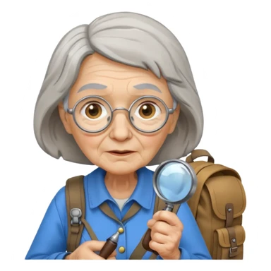 Explorer old woman with backpack and magnifying glass sticker