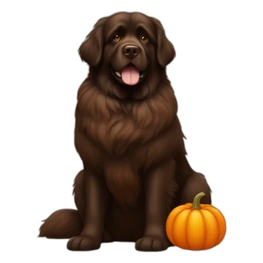 brown newfoundland dog with a pumpkin sticker