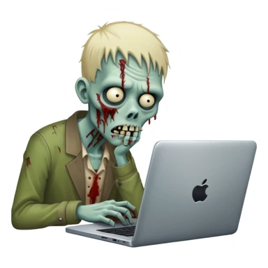 A tired sad zombie behind a laptop sticker