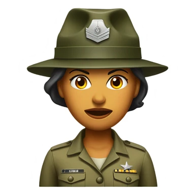 a female drill sergeant character wearing a classic sergeant hat and a camouflage army shirt. The character should have an angry intense expression. full torso sticker