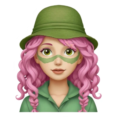 pink haired very long curly haired woman with full full face green clay mask and a hat sticker
