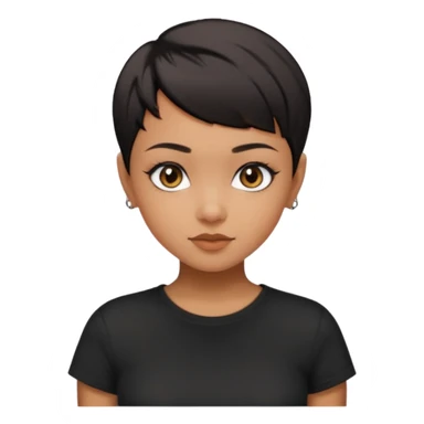 A girl with black short pixie haircut cut, dark brown eyes that almost look like black, caramel tone skin colour. Wearing a black t-shirt.  sticker