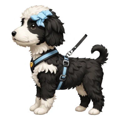 Black and white aussiedoodle puppy in side profile wearing harness no brown fur sticker
